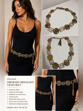 Vintage Gold Tone Greek Key Medallion Chain Belt 40.5" Long Statement Waist Belt
